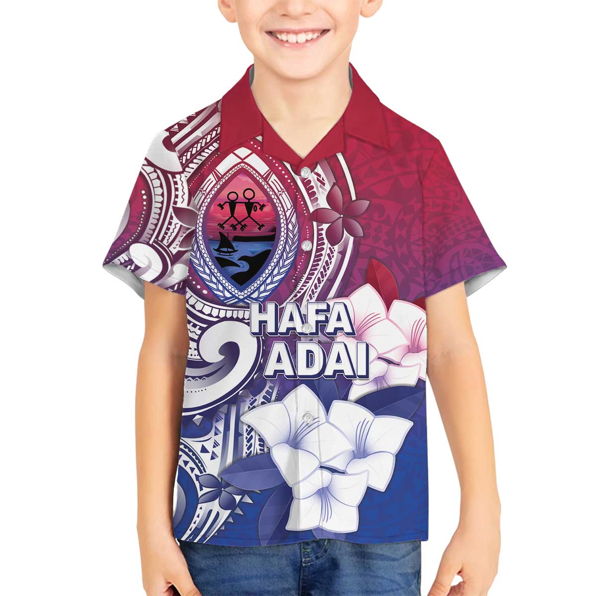 Guam Gadao Family Matching Off The Shoulder Long Sleeve Dress and Hawaiian Shirt Hafa Adai Micronesian Tribal Pattern