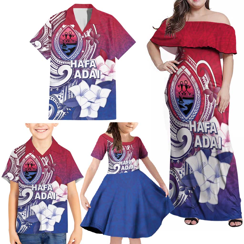 Guam Gadao Family Matching Off Shoulder Maxi Dress and Hawaiian Shirt Hafa Adai Micronesian Tribal Pattern
