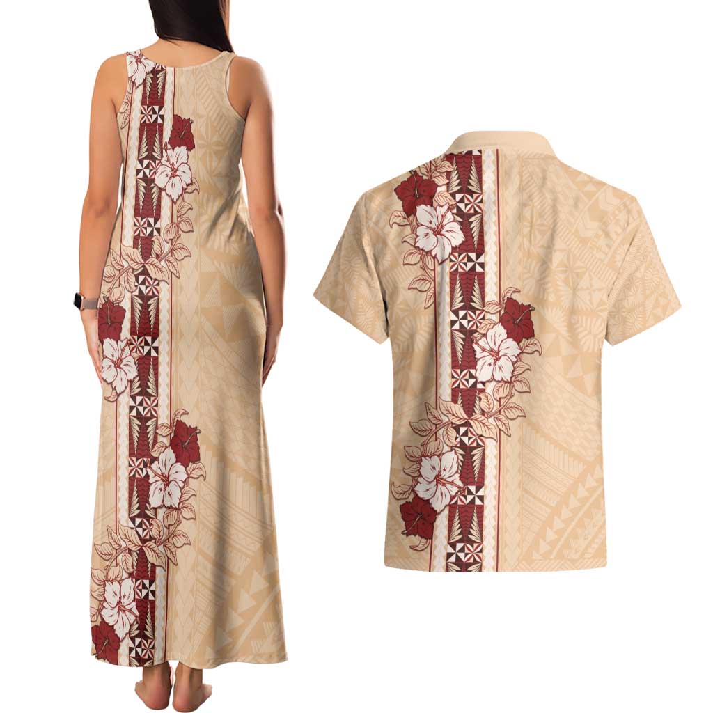 Tonga Language Week Couples Matching Tank Maxi Dress and Hawaiian Shirt Hibiscus Tongan Ngatu Pattern