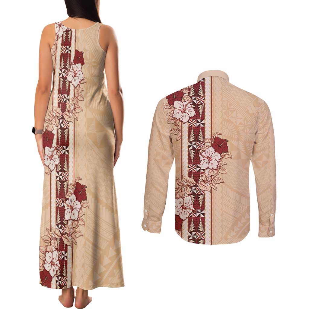 Tonga Language Week Couples Matching Tank Maxi Dress and Long Sleeve Button Shirt Hibiscus Tongan Ngatu Pattern