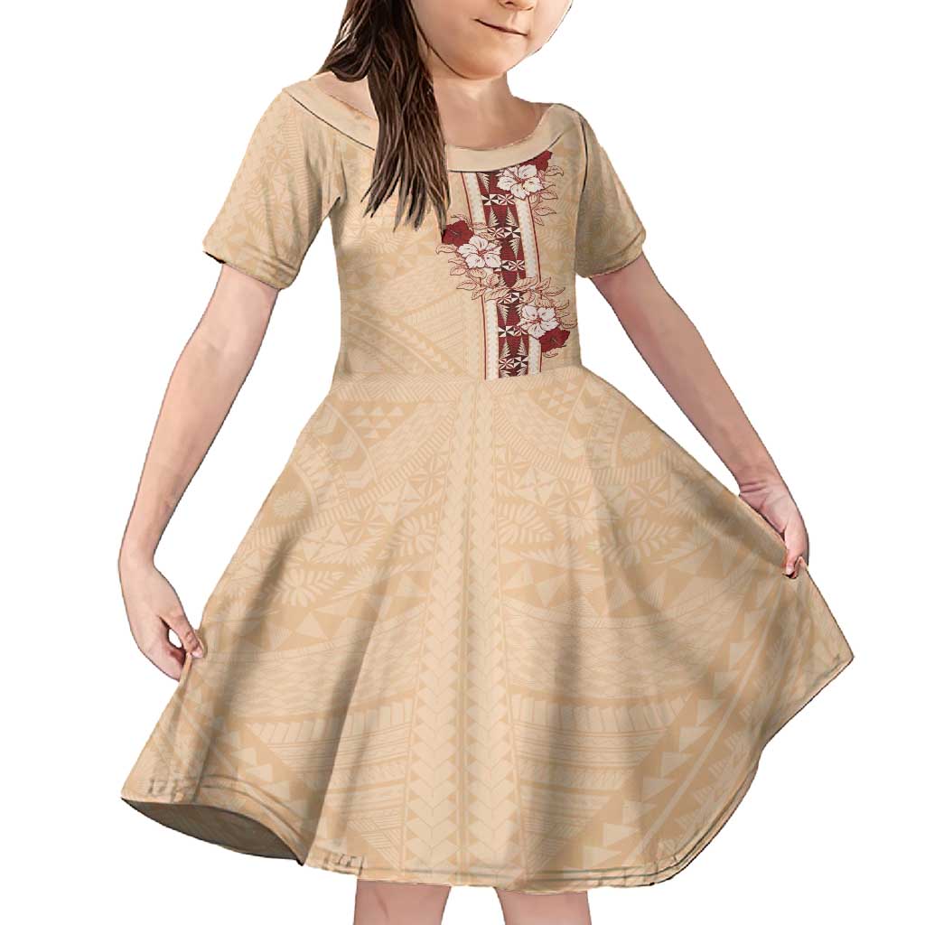 Tonga Language Week Family Matching Long Sleeve Bodycon Dress and Hawaiian Shirt Hibiscus Tongan Ngatu Pattern LT05 Daughter's Dress Beige - Polynesian Pride