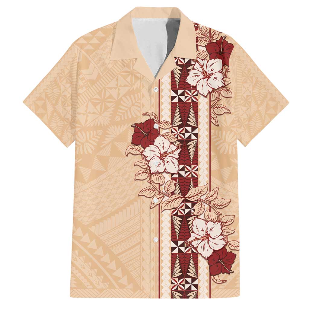 Tonga Language Week Family Matching Long Sleeve Bodycon Dress and Hawaiian Shirt Hibiscus Tongan Ngatu Pattern LT05 Dad's Shirt - Short Sleeve Beige - Polynesian Pride