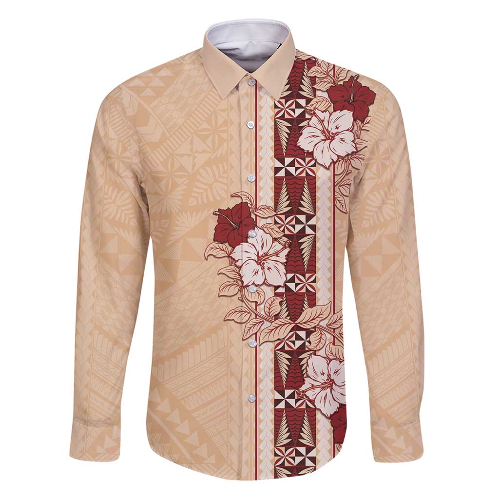 Tonga Language Week Family Matching Long Sleeve Bodycon Dress and Hawaiian Shirt Hibiscus Tongan Ngatu Pattern LT05 Dad's Shirt - Long Sleeve Beige - Polynesian Pride