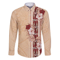 Tonga Language Week Family Matching Long Sleeve Bodycon Dress and Hawaiian Shirt Hibiscus Tongan Ngatu Pattern LT05 Dad's Shirt - Long Sleeve Beige - Polynesian Pride