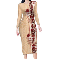 Tonga Language Week Family Matching Long Sleeve Bodycon Dress and Hawaiian Shirt Hibiscus Tongan Ngatu Pattern LT05 Mom's Dress Beige - Polynesian Pride