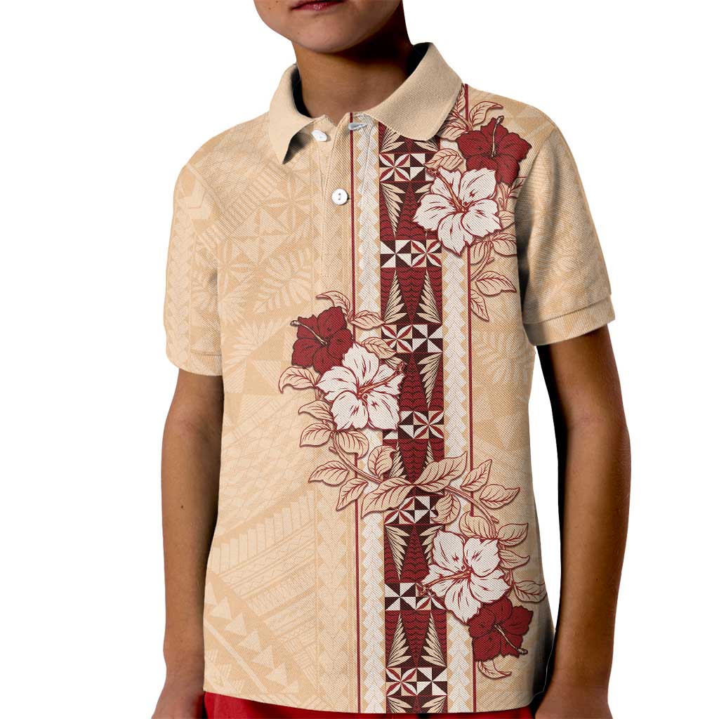 Tonga Language Week Kid Polo Shirt Hibiscus Tongan Ngatu Pattern LT05 Kid Beige - Polynesian Pride