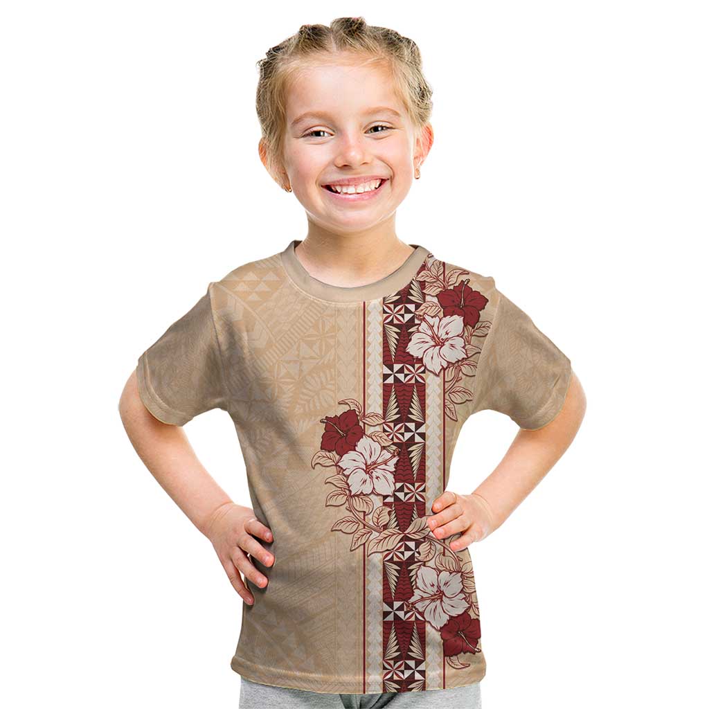Tonga Language Week Kid T Shirt Hibiscus Tongan Ngatu Pattern LT05 Beige - Polynesian Pride