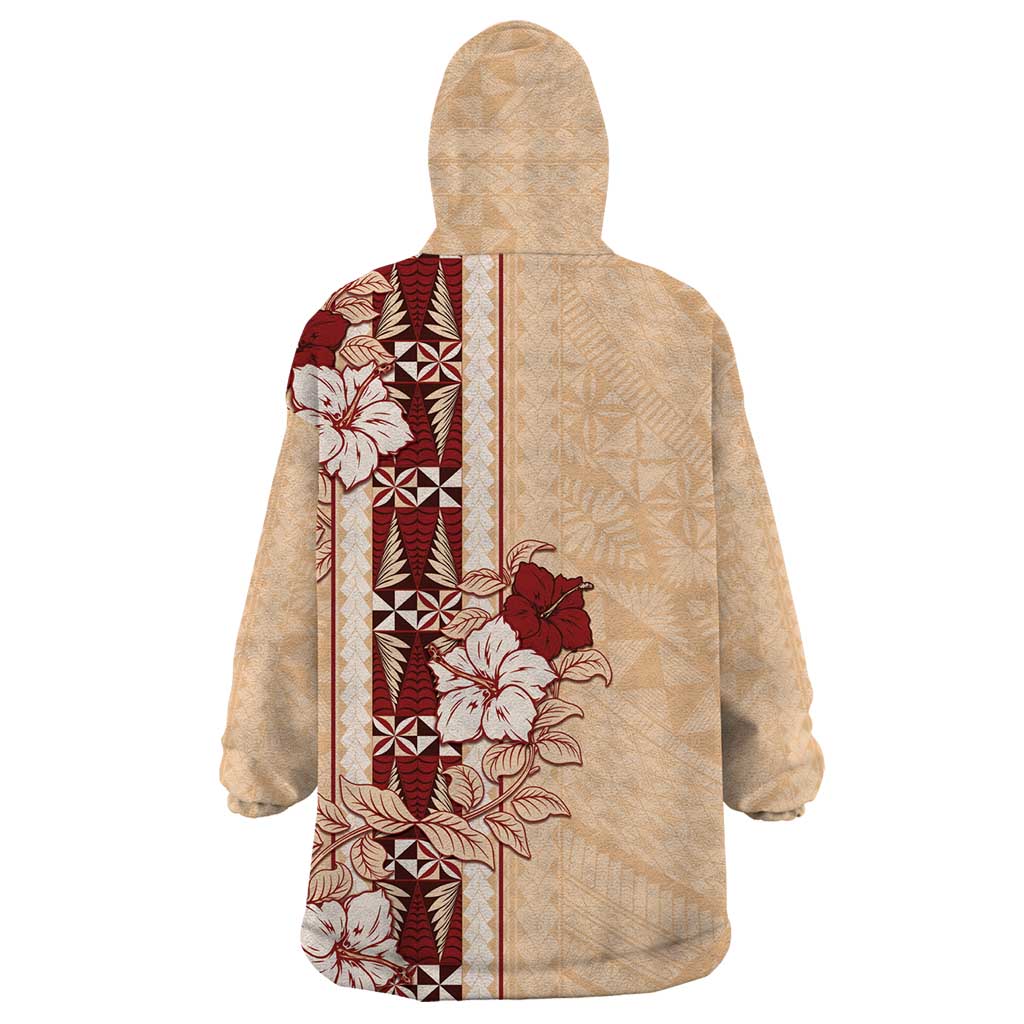 Tonga Language Week Wearable Blanket Hoodie Hibiscus Tongan Ngatu Pattern