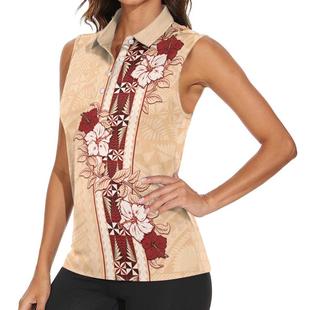 Tonga Language Week Women Sleeveless Polo Shirt Hibiscus Tongan Ngatu Pattern LT05 - Polynesian Pride
