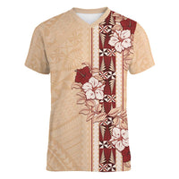 Tonga Language Week Women V-Neck T-Shirt Hibiscus Tongan Ngatu Pattern LT05 Female Beige - Polynesian Pride