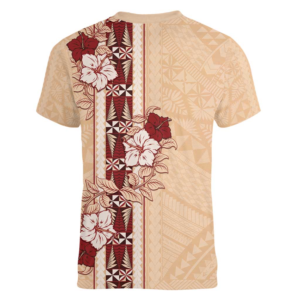Tonga Language Week Women V-Neck T-Shirt Hibiscus Tongan Ngatu Pattern LT05 - Polynesian Pride