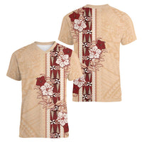 Tonga Language Week Women V-Neck T-Shirt Hibiscus Tongan Ngatu Pattern LT05 - Polynesian Pride
