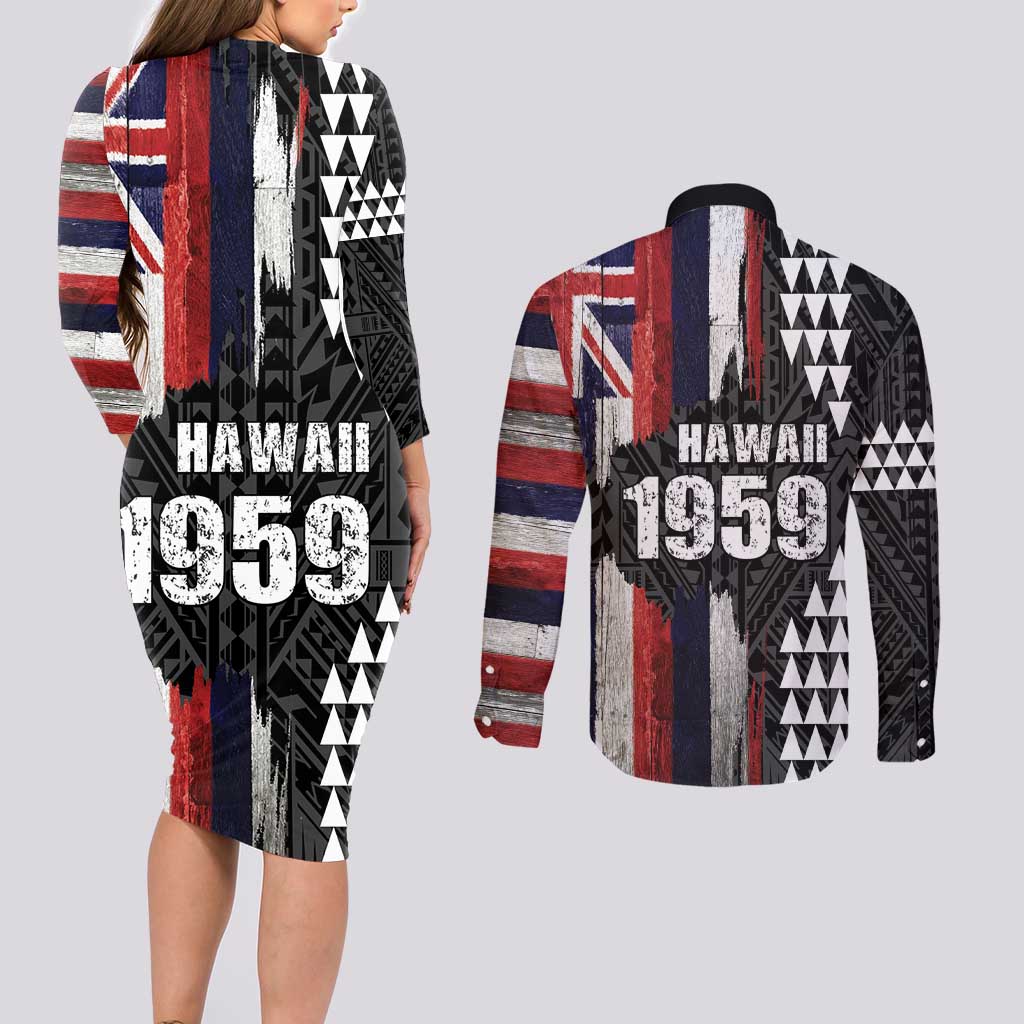 Hawaii 1959 Statehood Day Couples Matching Long Sleeve Bodycon Dress and Long Sleeve Button Shirt Classic Style