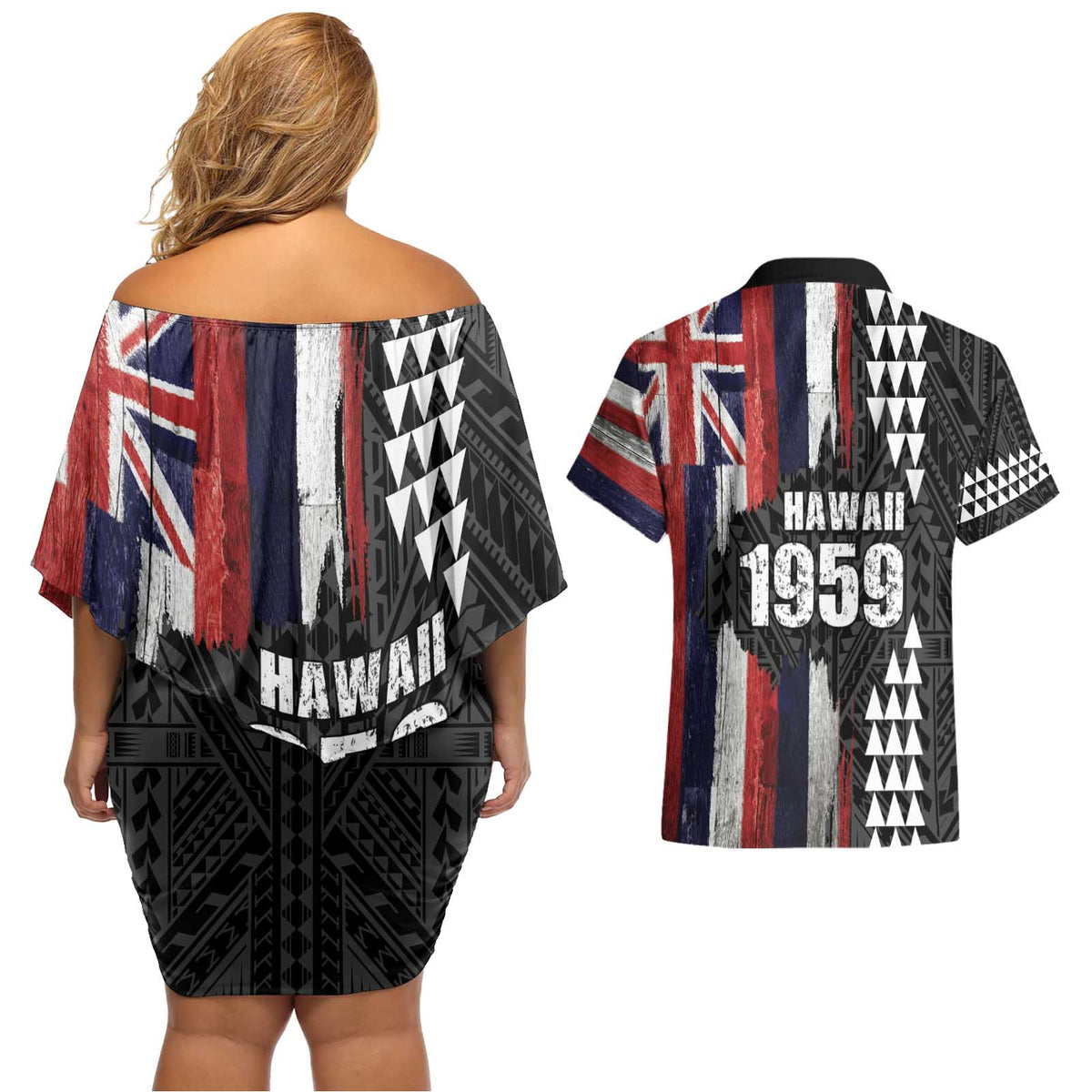 Hawaii 1959 Statehood Day Couples Matching Off Shoulder Short Dress and Hawaiian Shirt Classic Style LT05 - Polynesian Pride