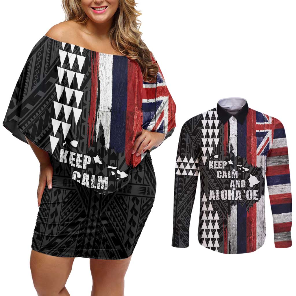 Hawaii 1959 Statehood Day Couples Matching Off Shoulder Short Dress and Long Sleeve Button Shirt Classic Style