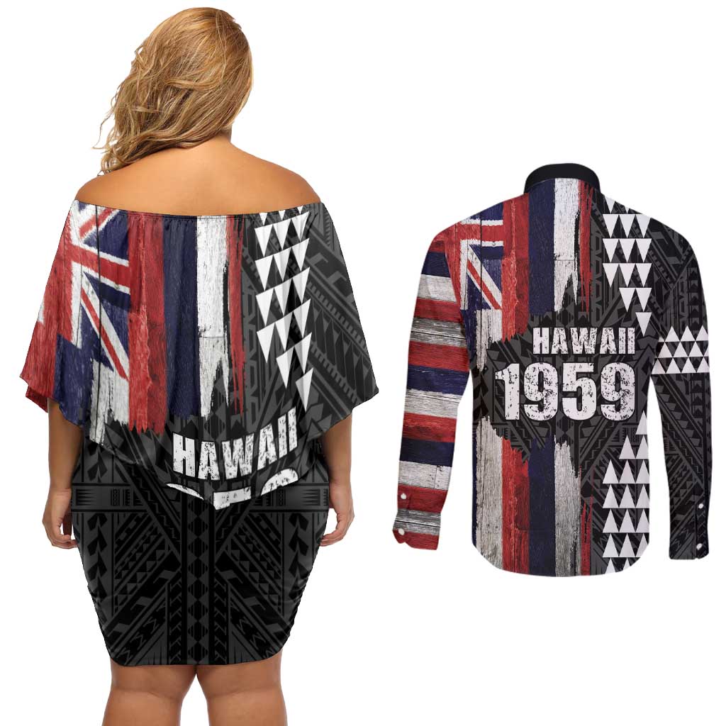 Hawaii 1959 Statehood Day Couples Matching Off Shoulder Short Dress and Long Sleeve Button Shirt Classic Style