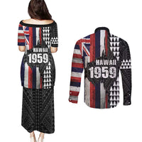 Hawaii 1959 Statehood Day Couples Matching Puletasi and Long Sleeve Button Shirt Classic Style