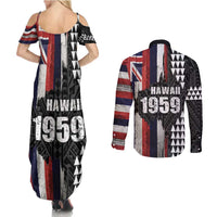 Hawaii 1959 Statehood Day Couples Matching Summer Maxi Dress and Long Sleeve Button Shirt Classic Style