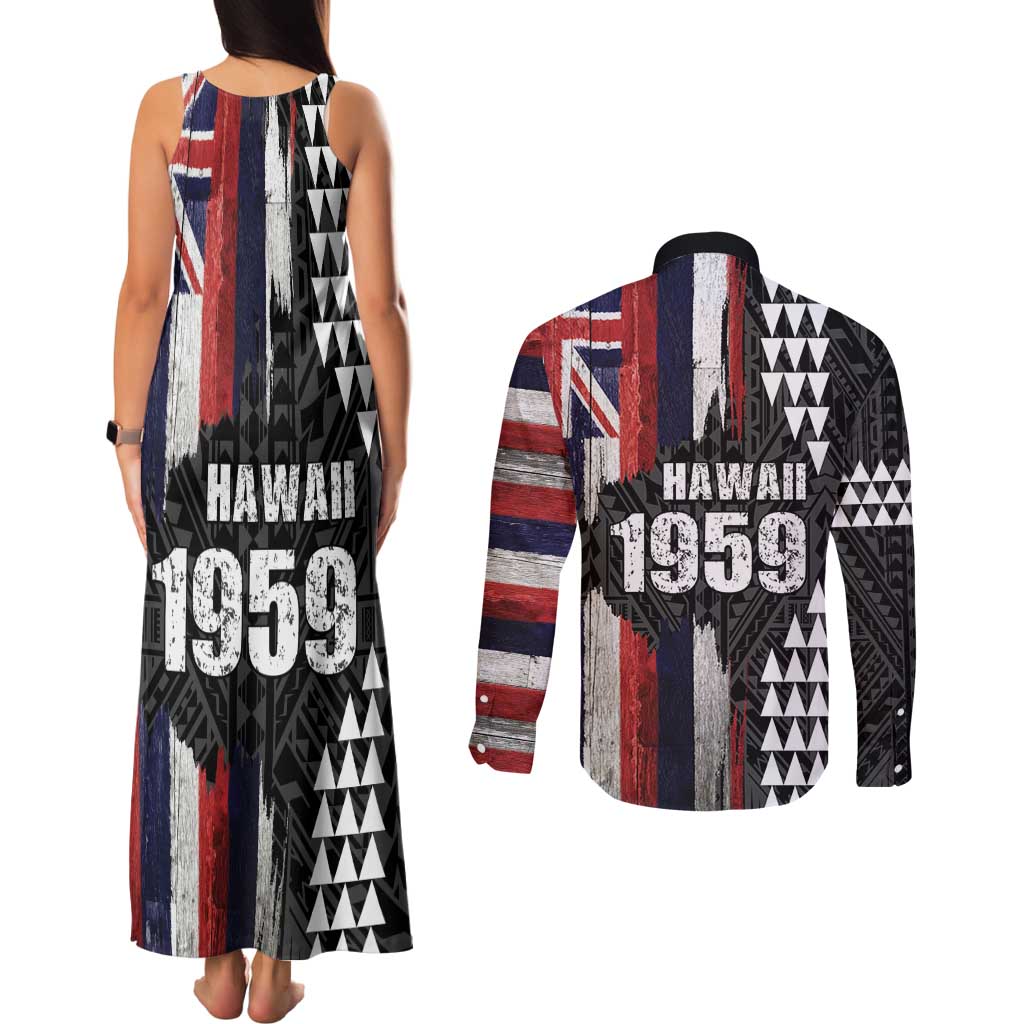 Hawaii 1959 Statehood Day Couples Matching Tank Maxi Dress and Long Sleeve Button Shirt Classic Style