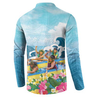 Hawaii Outrigger Canoe Race Button Sweatshirt Polynesian Style Watercolor Style