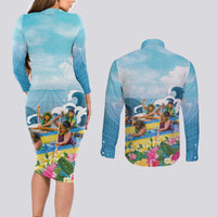 Hawaii Outrigger Canoe Race Couples Matching Long Sleeve Bodycon Dress and Long Sleeve Button Shirt Polynesian Style Watercolor Style