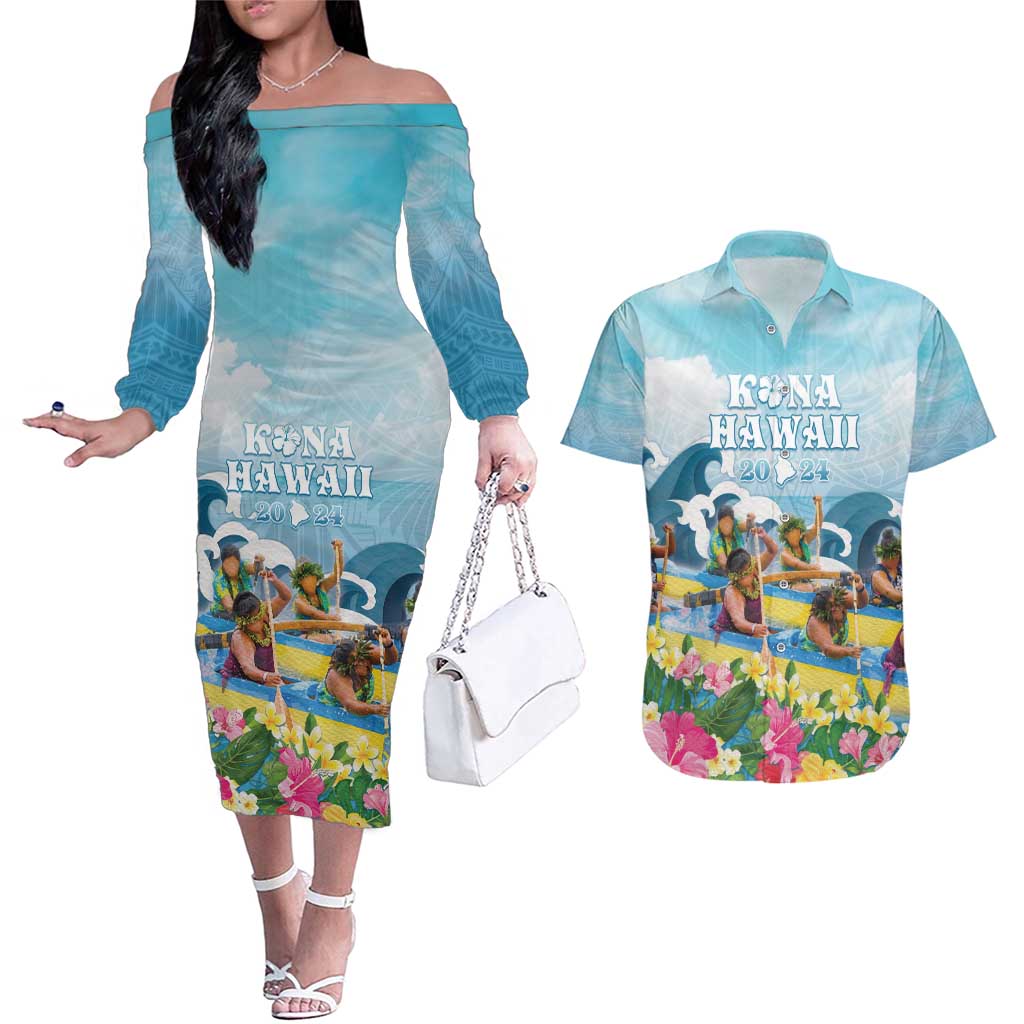 Hawaii Outrigger Canoe Race Couples Matching Off The Shoulder Long Sleeve Dress and Hawaiian Shirt Polynesian Style Watercolor Style