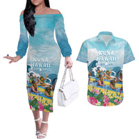 Hawaii Outrigger Canoe Race Couples Matching Off The Shoulder Long Sleeve Dress and Hawaiian Shirt Polynesian Style Watercolor Style