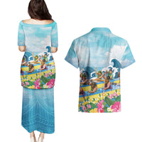 Hawaii Outrigger Canoe Race Couples Matching Puletasi and Hawaiian Shirt Polynesian Style Watercolor Style