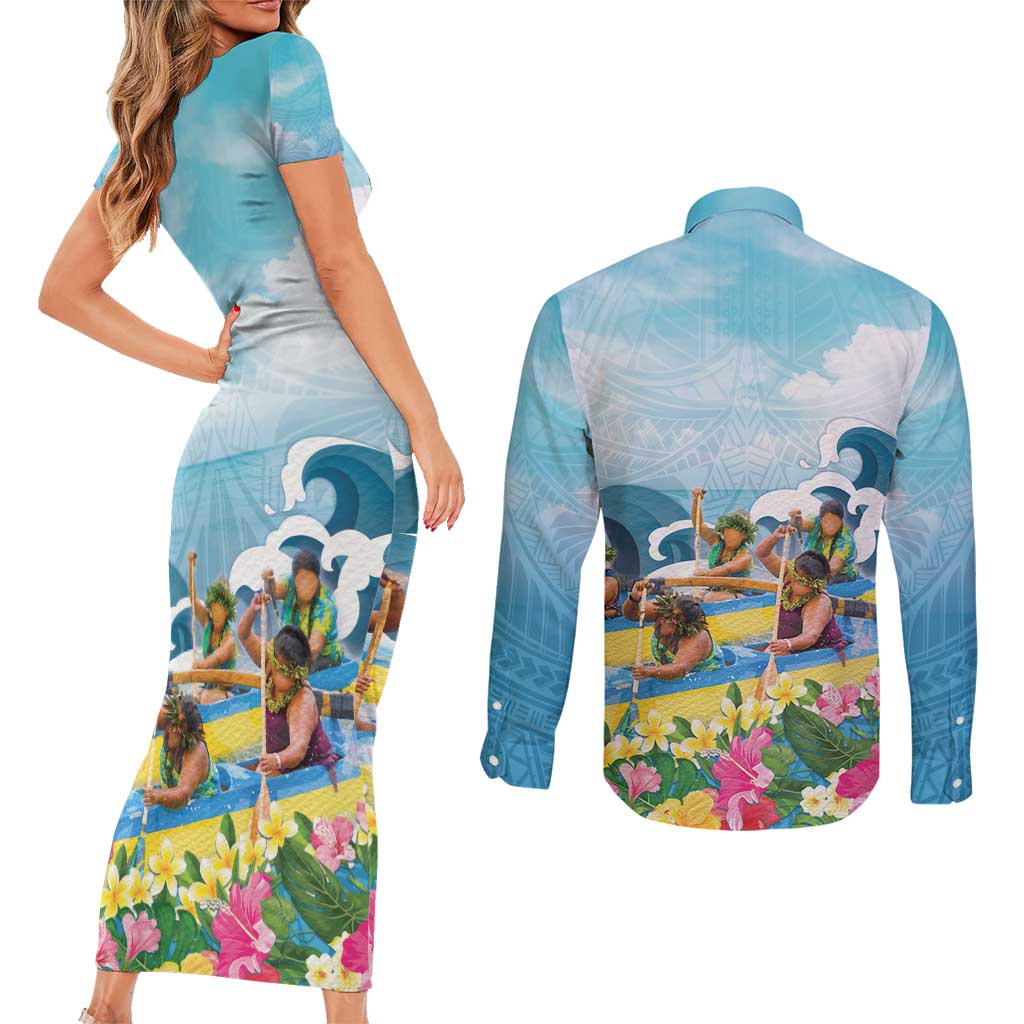 Hawaii Outrigger Canoe Race Couples Matching Short Sleeve Bodycon Dress and Long Sleeve Button Shirt Polynesian Style Watercolor Style