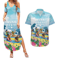 Hawaii Outrigger Canoe Race Couples Matching Summer Maxi Dress and Hawaiian Shirt Polynesian Style Watercolor Style