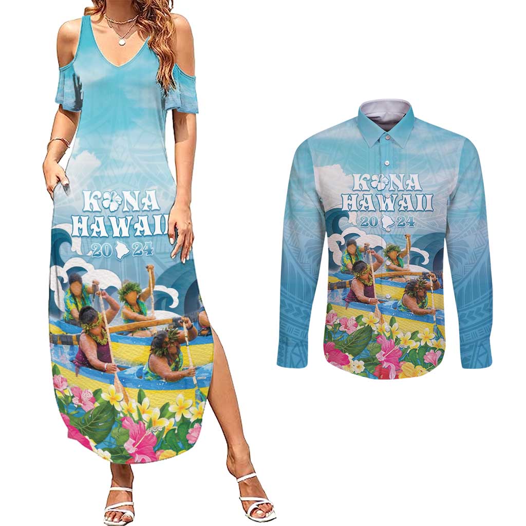 Hawaii Outrigger Canoe Race Couples Matching Summer Maxi Dress and Long Sleeve Button Shirt Polynesian Style Watercolor Style