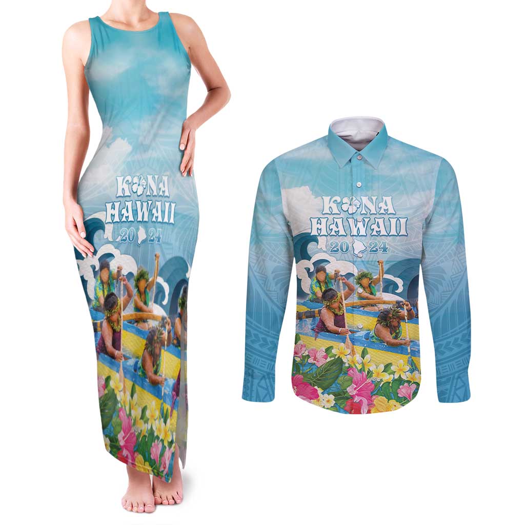 Hawaii Outrigger Canoe Race Couples Matching Tank Maxi Dress and Long Sleeve Button Shirt Polynesian Style Watercolor Style