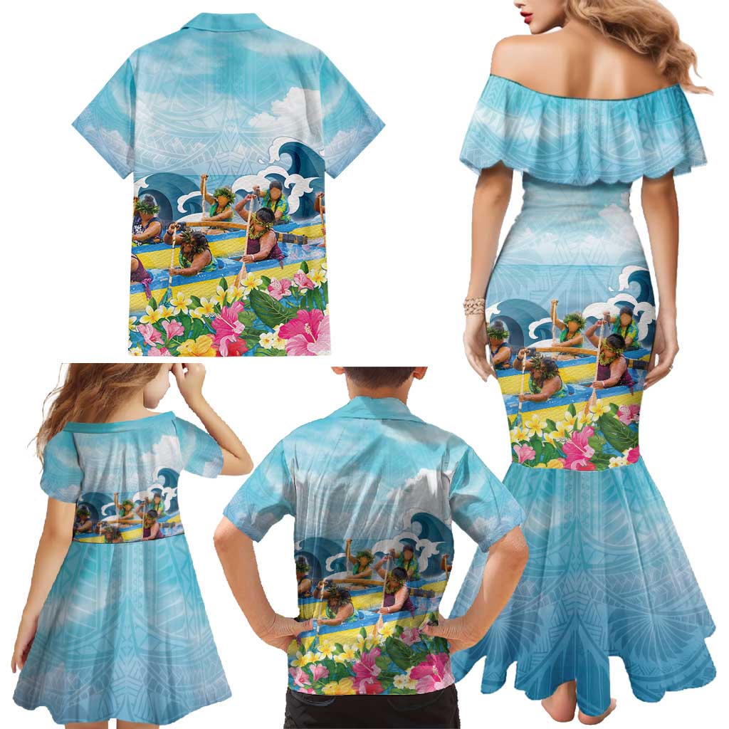 Hawaii Outrigger Canoe Race Family Matching Mermaid Dress and Hawaiian Shirt Polynesian Style Watercolor Style