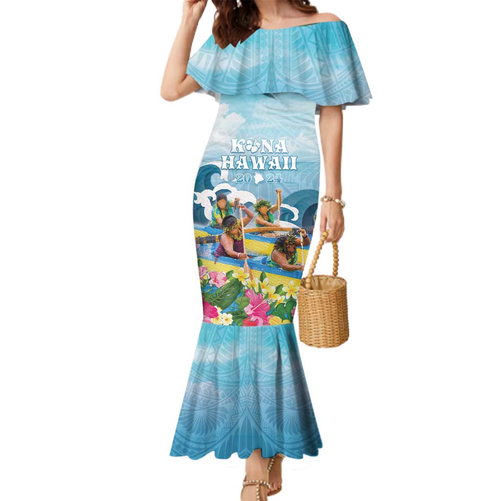 Hawaii Outrigger Canoe Race Family Matching Mermaid Dress and Hawaiian Shirt Polynesian Style Watercolor Style