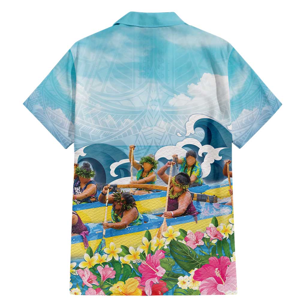 Hawaii Outrigger Canoe Race Family Matching Short Sleeve Bodycon Dress and Hawaiian Shirt Polynesian Style Watercolor Style