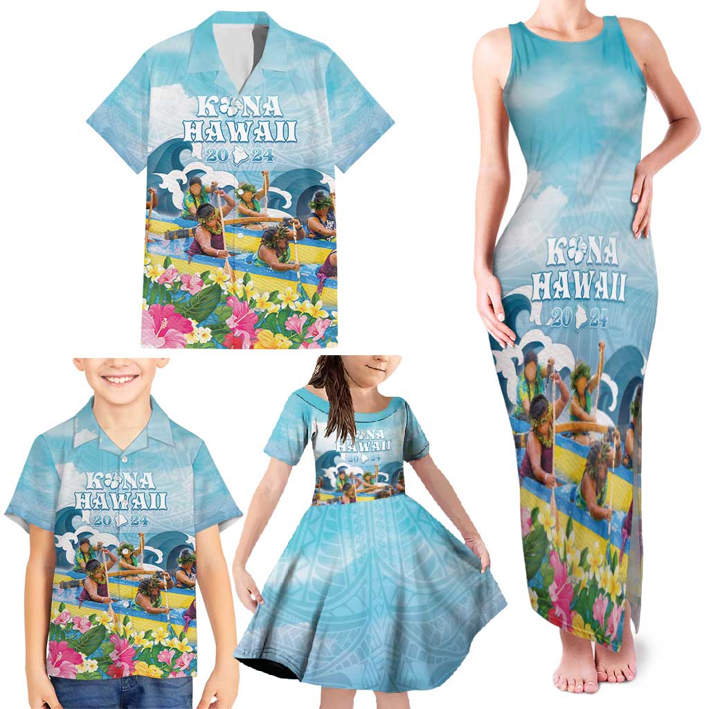 Hawaii Outrigger Canoe Race Family Matching Tank Maxi Dress and Hawaiian Shirt Polynesian Style Watercolor Style