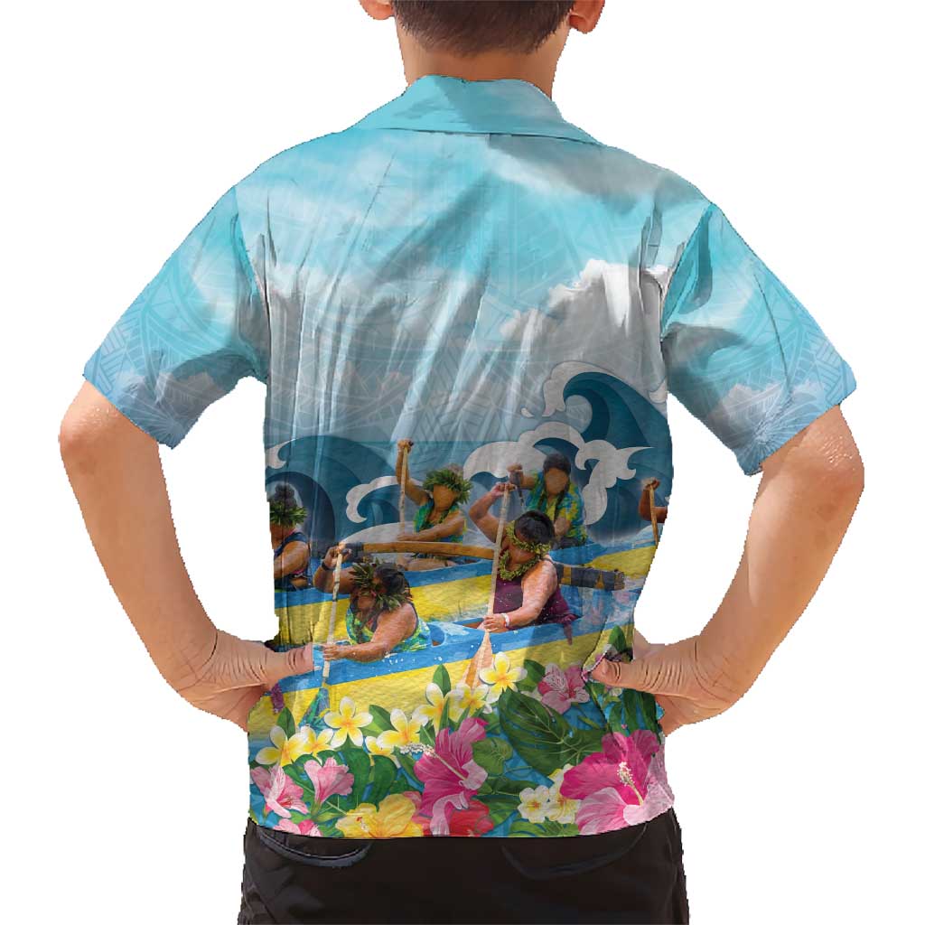 Hawaii Outrigger Canoe Race Kid Hawaiian Shirt Polynesian Style Watercolor Style