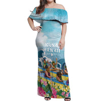Hawaii Outrigger Canoe Race Off Shoulder Maxi Dress Polynesian Style Watercolor Style