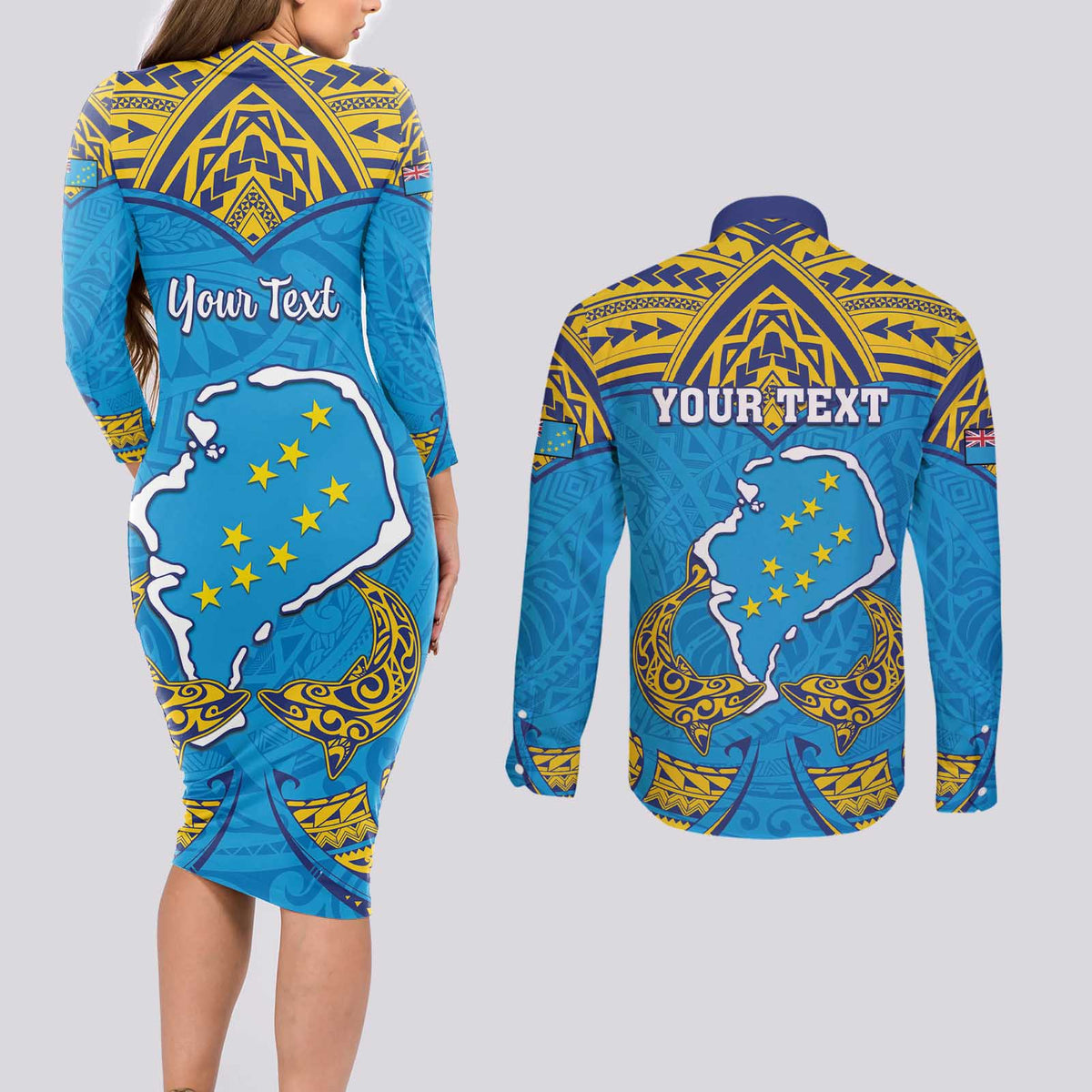 Personalised Tuvalu Independence Day Couples Matching Long Sleeve Bodycon Dress and Long Sleeve Button Shirt Coat Of Arms With Polynesian Dolphin Tattoo