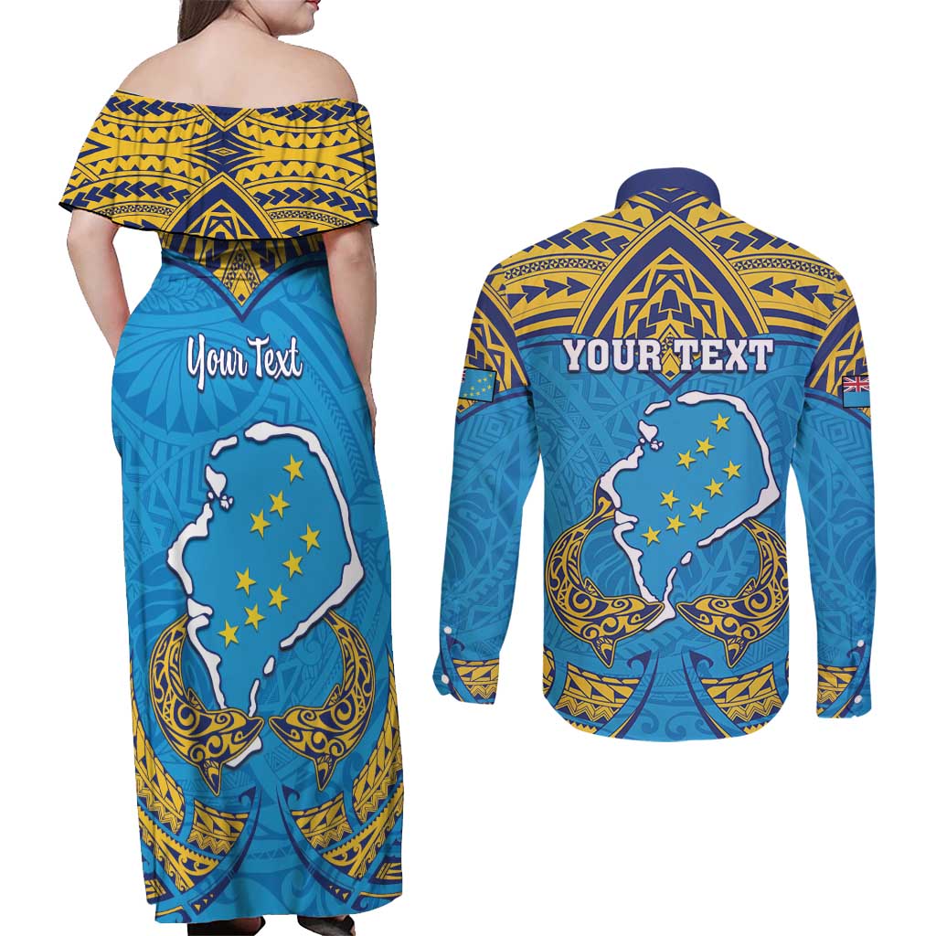 Personalised Tuvalu Independence Day Couples Matching Off Shoulder Maxi Dress and Long Sleeve Button Shirt Coat Of Arms With Polynesian Dolphin Tattoo