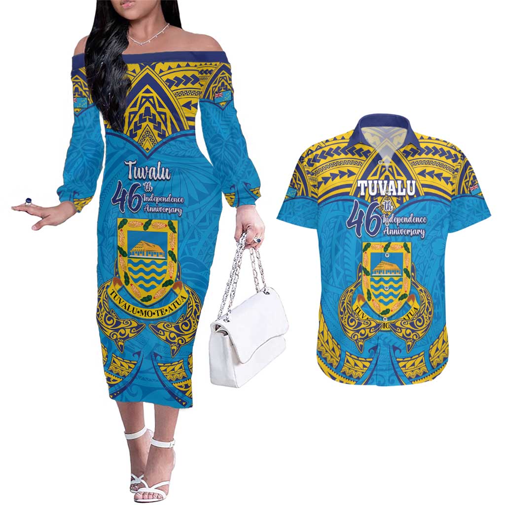 Personalised Tuvalu Independence Day Couples Matching Off The Shoulder Long Sleeve Dress and Hawaiian Shirt Coat Of Arms With Polynesian Dolphin Tattoo