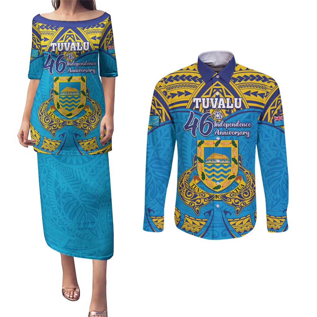 Personalised Tuvalu Independence Day Couples Matching Puletasi and Long Sleeve Button Shirt Coat Of Arms With Polynesian Dolphin Tattoo