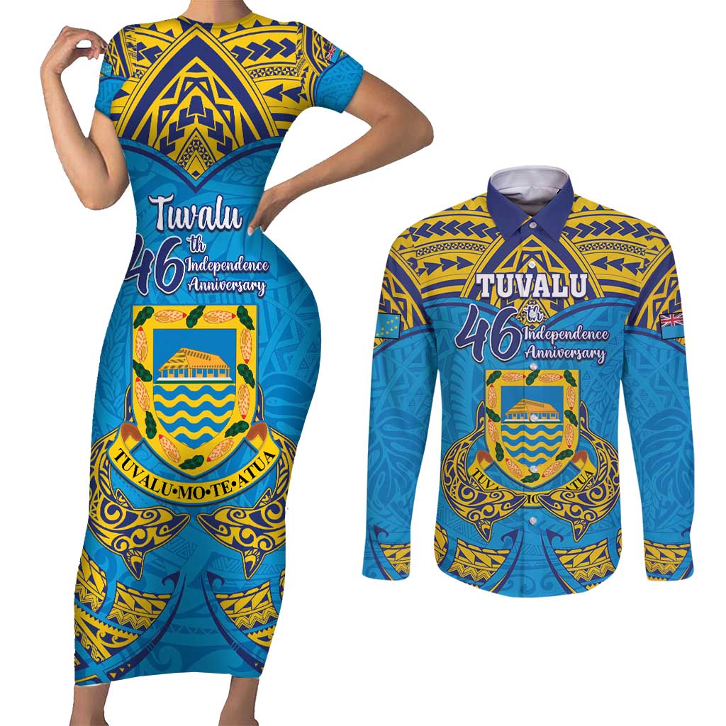 Personalised Tuvalu Independence Day Couples Matching Short Sleeve Bodycon Dress and Long Sleeve Button Shirt Coat Of Arms With Polynesian Dolphin Tattoo