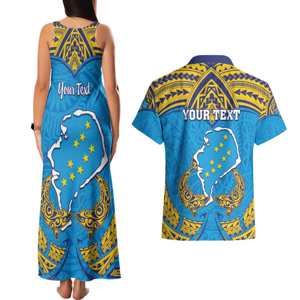 Personalised Tuvalu Independence Day Couples Matching Tank Maxi Dress and Hawaiian Shirt Coat Of Arms With Polynesian Dolphin Tattoo