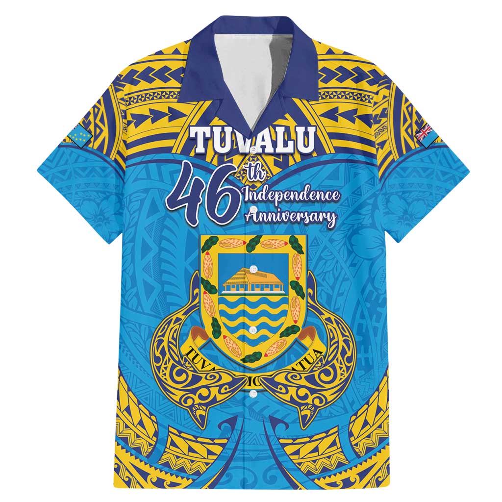 Personalised Tuvalu Independence Day Family Matching Mermaid Dress and Hawaiian Shirt Coat Of Arms With Polynesian Dolphin Tattoo