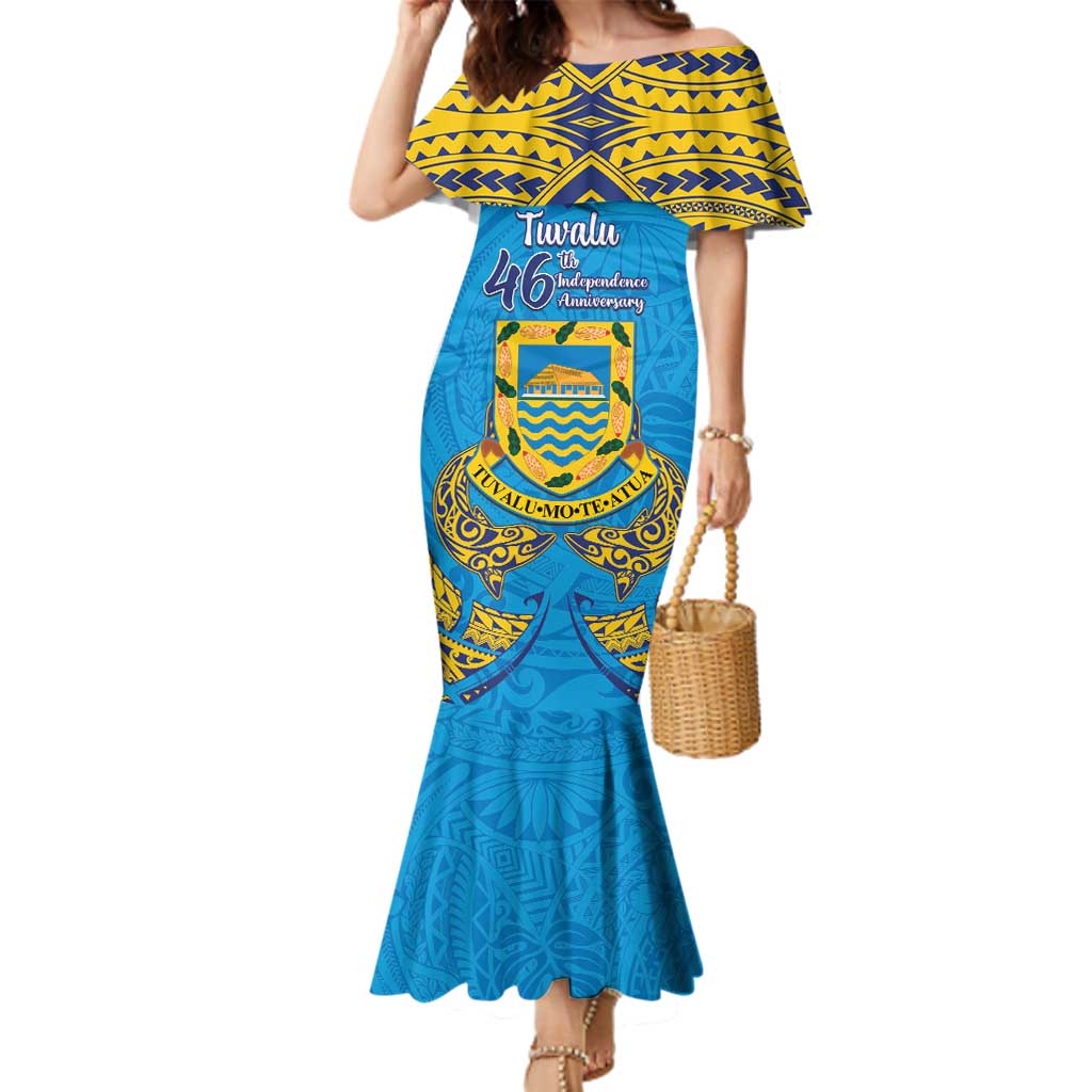 Personalised Tuvalu Independence Day Family Matching Mermaid Dress and Hawaiian Shirt Coat Of Arms With Polynesian Dolphin Tattoo