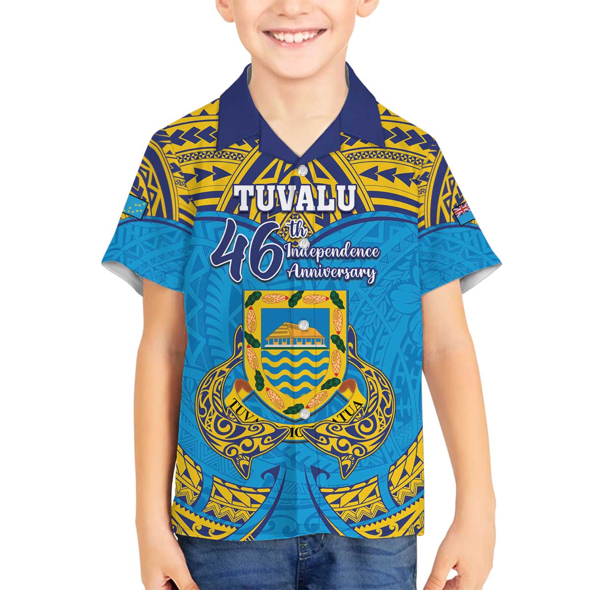 Personalised Tuvalu Independence Day Family Matching Off Shoulder Short Dress and Hawaiian Shirt Coat Of Arms With Polynesian Dolphin Tattoo