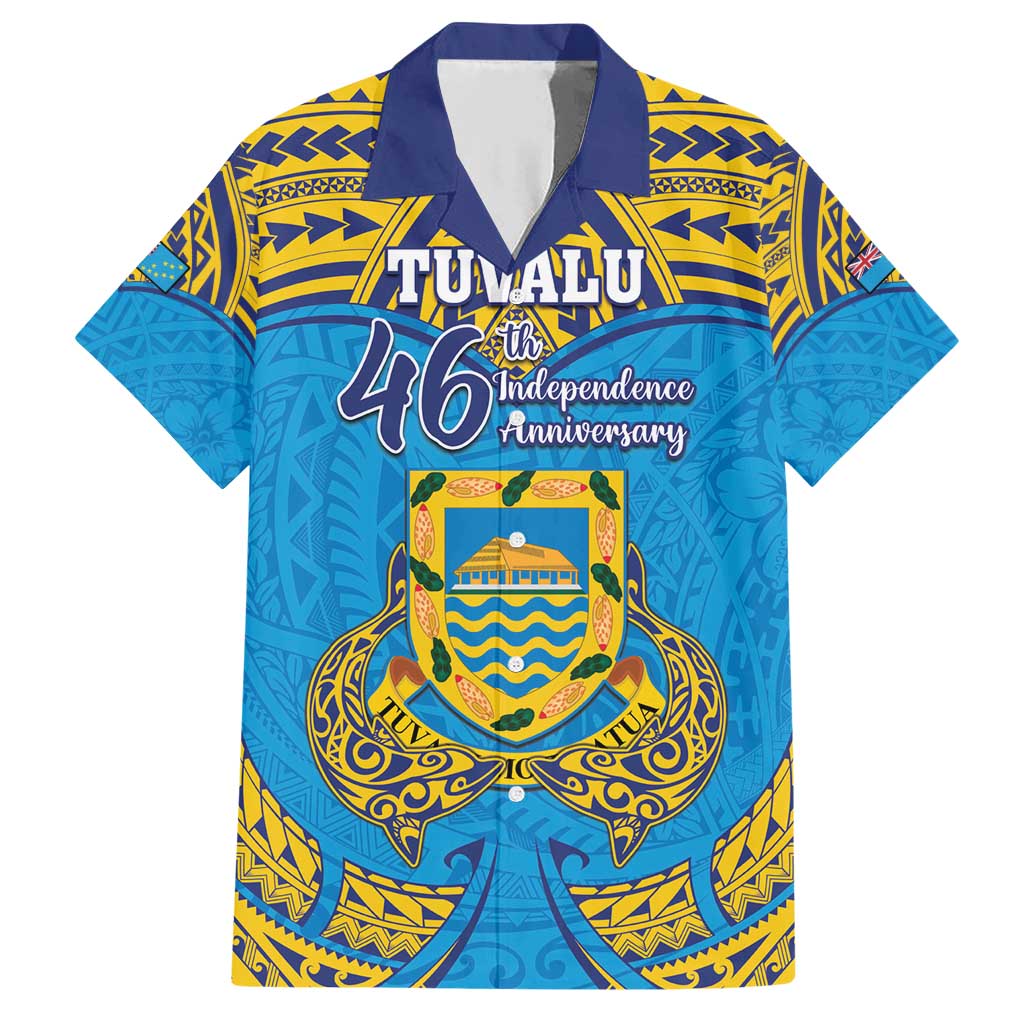 Personalised Tuvalu Independence Day Family Matching Short Sleeve Bodycon Dress and Hawaiian Shirt Coat Of Arms With Polynesian Dolphin Tattoo