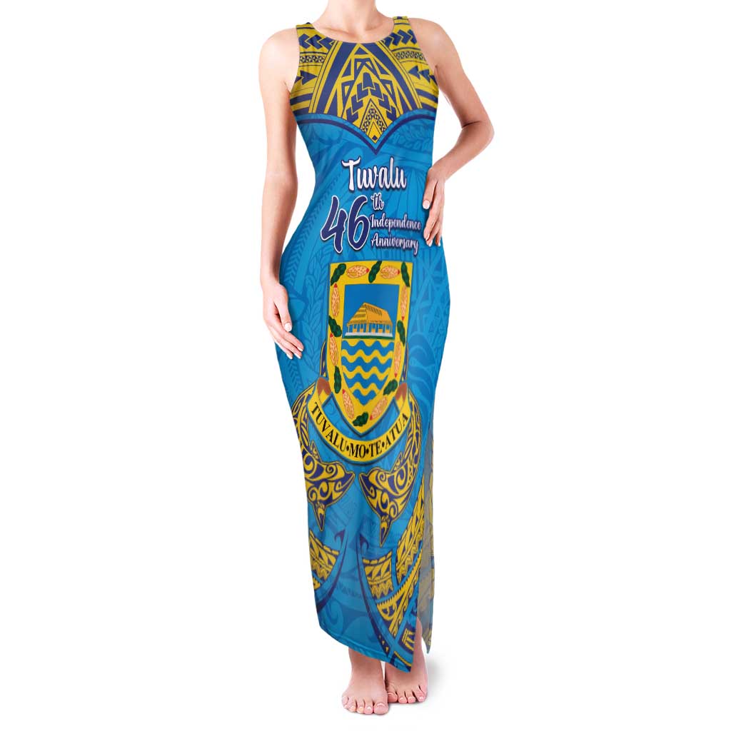 Personalised Tuvalu Independence Day Family Matching Tank Maxi Dress and Hawaiian Shirt Coat Of Arms With Polynesian Dolphin Tattoo
