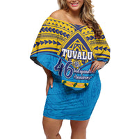 Personalised Tuvalu Independence Day Off Shoulder Short Dress Coat Of Arms With Polynesian Dolphin Tattoo LT05 Women Blue - Polynesian Pride